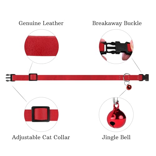 Breakaway Cat Collar Leather with Removable Bell - 13 Colors Available - Soft Adjustable Girl Boy Safety Lightweight Pet Kitten Collars Pink Brown Blue Green Red Orange Black (Red) - color: Red