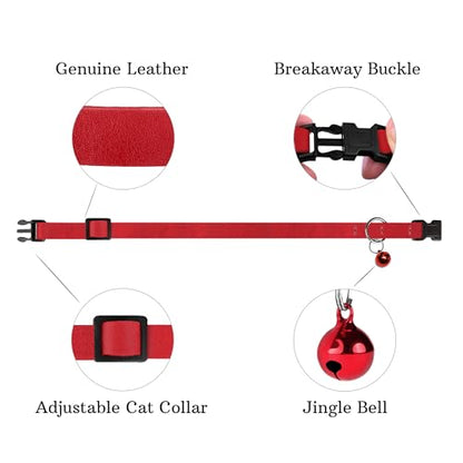 Breakaway Cat Collar Leather with Removable Bell - 13 Colors Available - Soft Adjustable Girl Boy Safety Lightweight Pet Kitten Collars Pink Brown Blue Green Red Orange Black (Red) - color: Red