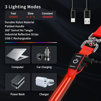 Night Walking LED Dog Leash - 6FT Reflective & Waterproof Light Up Safety Leashes for Dogs - USB Rechargeable, Red - color: Red(Fiber optic version)