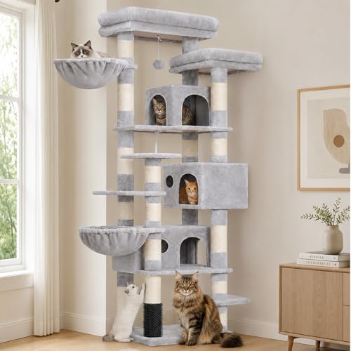Hey-brother Cat Tree, 74 inches Multi-Level XL Large Cat Tower for Indoor Cats with Three Cat Condos, Two Large Top Decks and Cat Hairbrushfor Kittens, Cats and Pets, Light Gray MPJ035-MW - color: Light Gray