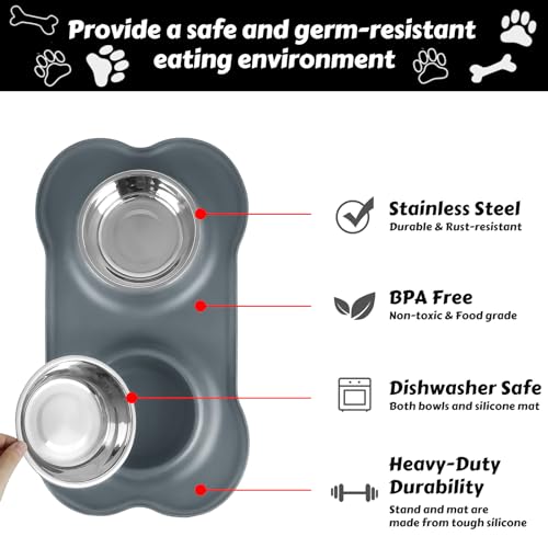 Dog Food Bowls Stainless Steel Dog Food & Water Bowl Set with No Spill No Slip Silicone Mat, Dog Dishes for Small Medium Size Dogs Pet Cat Puppy Food Feeding Bowls, Grey, 24oz, 3 Cup - color: Grey, size: 3 Cup/27 oz each