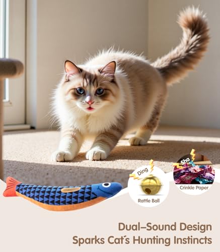 PetBusy Interactive Cat Toys with[5000mg Premium A+Catnip][Baby Grade] Soft Chew Kicker Cat Toys for Indoor Cats & Kittens, Crinkle &Rattle Fish Sound Toy, Drives Bored Cats Crazy with Fun,3 Pack - color: Blue+Yellow+Red