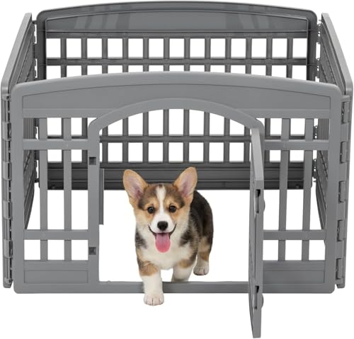 IRIS USA 24" Dog Playpen 4-Panel Pet Exercise Pen with Door Gate 35 x 35 x 24 Puppy Play Pen Indoor Outdoor Plastic Foldable Portable Pet Fence for Small Medium Dogs Puppies Multiple Pets Gray - color: Gray, size: 4 Panel - 24" H