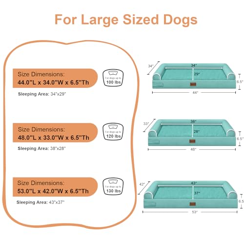 Large Dog Bed Orthopedic Washable: Jumbo Dog Bed Bolster Extra Large Dogs Egg Crate Foam Sofa Couch Waterproof Removable Cover - Aqua Blue - color: Aqua Blue, size: 53.0"L x 42.0"W x 6.5"Th