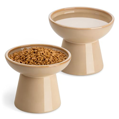 vancasso Ceramic Elevated Cat Bowls 2-Pack - 6.2" Extra Wide Raised Cat Food & Water Dishes, 5.1" Optimal Height Anti-Whisker Fatigue Shallow Bowls for Cats/Kittens/Dogs, Lead & Cadmium Free (Brown) - color: Brown