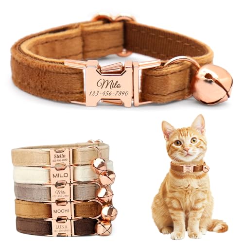 Personalized Non-Breakaway Cat Collar with Name, Luxury Soft Velvet Custom Engraved Name Collar with Bell for Kittens & Cats (Brown, S (6.5-10.5 inches)) - color: Brown, size: S (6.5-10.5 inches)