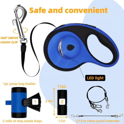 26ft Retractable Dog Leash for Large Dogs with Poop Bag Holder and LED Light,Heavy Duty Retractable Dog Leash with Chew Proof Extender,One-Hand Lock System,Impact-Resistant,Up to 110 lbs (Blue) - color: Blue