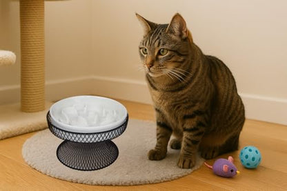 2PCS Raised Ceramic Cat Slow Feeder Bowl Elevated Food Bowl with Stand, Cat Slow Bowl for Wet Food and Dry Food,Slow Down Eating Speed, Whisker Friendly Pet Puzzle Feeder for Kitten and Small Dog - color: White Set of 2