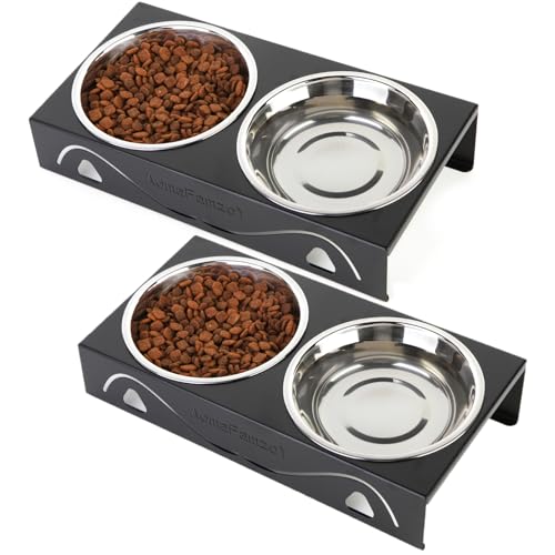2 Pack All-Metal Cat Food Bowl Raised, 5.5" Wide Tilted Whisker-Fatigue Pet Dish, Anti-Vomiting, 4 Stainless Steel Bowls for Food Water, Non-Slip Elevated Cat Feeding Stand for Indoor Multi Cats,Puppy - color: Black-2
