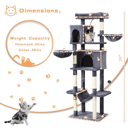 Letkind 70-Inch Cat Tree,Large Cat Tree Tower with Hammock, Scratching Post, Condo and Multi-Level Cat Tower for Large Cats, Cat Activity Center Playhouse, Dark Gray LCT016 - color: Deep Grey