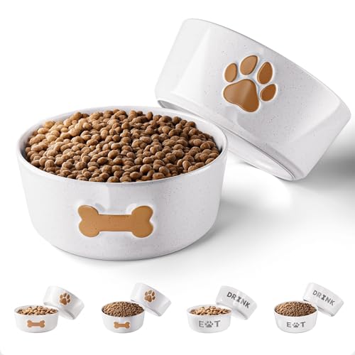 Ceramic Dog Bowl Set of 2 with Anti-Skid Base - 6.5" Wide x 2.5" Tall Ceramic Dog Bowls Medium Sized Dogs - 3.8 Cup Capacity Food and Water Bowls for Dogs - Rubber Bottom Pet Bowl Set of 2 Medium Size - color: Brown, size: Medium