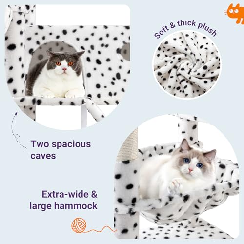 Allewie 81 Inches Tall Cat Tree/Multi-Level Large Climbing Tree House and Towers for Big Feline/Condo and Hammock/Scratching Post/Wide Base/White & Black Spot - color: White & Black Spo
