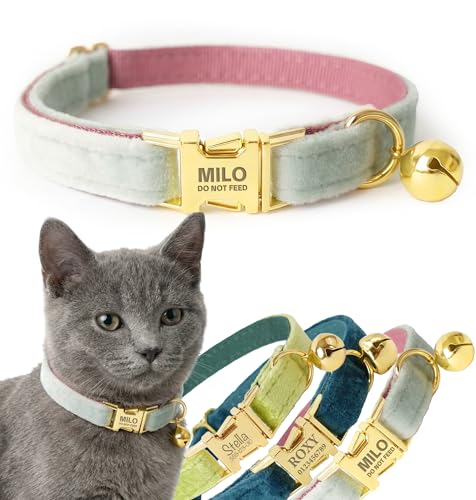 Personalized Velvet Cat Collar with Bell, Custom Engraved Name and Phone Number, Adjustable Luxury Kitten Collar, Non-Breakaway Secure ID Collar for Cats and Kittens - color: Mint Green, size: S