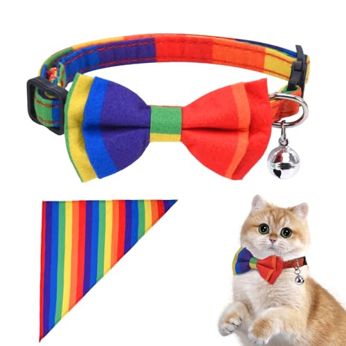 YeeBeny Rainbow Cat Collar, Rainbow Cat Collars with Bell, Cat Tags Personalized, Adjustable Pet Collar and Scarf Decoration Set, Fits Most Girl Boy Cats and Puppies