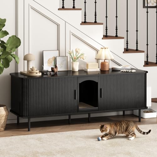Double Cat Litter Box Enclosure Furniture, 59" Large Hidden Litter Box Furniture with Scratching Pad, Wood Pet House for 2 Cats, Indoor Modern Cabinet TV Stand for Living Room, Black - color: Black, size: 59"