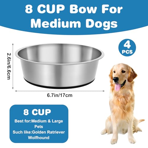4 Pcs 8 Cup Stainless Steel Dog Bowls for Food and Water with Silicone Base Anti-Slip, Heavy Duty Extra Thick Anti Rust Metal Bowls for Medium Dogs (67oz, Black)
