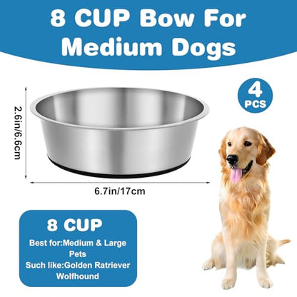 4 Pcs 8 Cup Stainless Steel Dog Bowls for Food and Water with Silicone Base Anti-Slip, Heavy Duty Extra Thick Anti Rust Metal Bowls for Medium Dogs (67oz, Black)