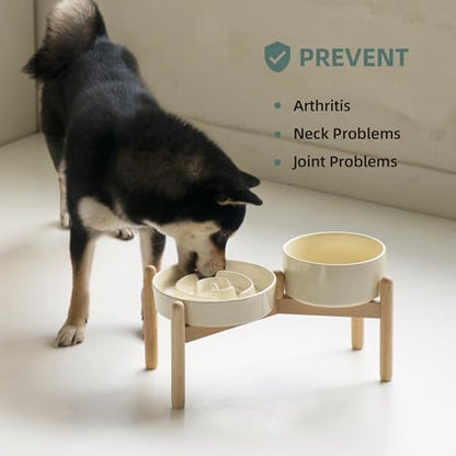 Havniva 7.3” Raised Slow Feeder Dog Bowls Set, 1.2 Cups Ceramic Slow Feeder Dog Bowl and 6.1” Dog Water Bowl with Elevated Wooden Stand Puzzle Dog Food Bowl for Small Dogs Anti-Gulping & Anti-Choking - color: 2 x Light Yellow+Stand-A, size: 7.3inch