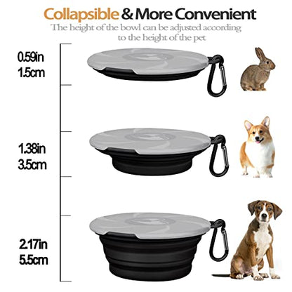 Collapsible Dog Bowls - Portable Travel Dog Bowls with Lids & Carabiners, 2 Pack Silicone Feeding Watering Pet Bowls for Dogs Cats, 450ml/15oz Collapsable Doggy Bowl for Walking Hiking (Grey+Black)