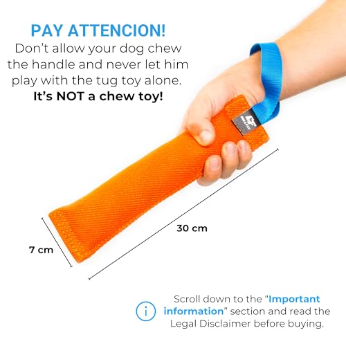 Bull Fit K9 Dog Bite Tug Toy with Strong Handle - Made of Durable & Tear-Resistant French Linen - Perfect for Tug of War, Fetch & Puppy Training - Ideal for Medium to Large Breeds - color: Orange Bite Tug with Blue Handle