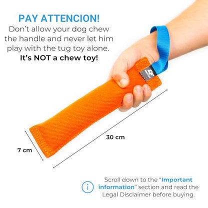 Bull Fit K9 Dog Bite Tug Toy with Strong Handle - Made of Durable & Tear-Resistant French Linen - Perfect for Tug of War, Fetch & Puppy Training - Ideal for Medium to Large Breeds - color: Orange Bite Tug with Blue Handle
