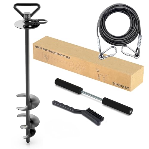 TOMBABY Dog Tie Out Cable and Stake,with 20FT Heavy Duty Cable,360° Swivel Dog Anchor& Anti-Tangle,Dog Runner for Yard,Dog Stake Allows Dogs Up to 210 lbs, Dog Stakes for Outside Beach,Camping, Yard - color: 17''black+20FT