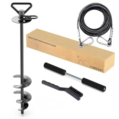 TOMBABY Dog Tie Out Cable and Stake,with 30FT Heavy Duty Cable,360° Swivel Dog Anchor& Anti-Tangle,Dog Runner for Yard,Dog Stake Allows Dogs Up to 210 lbs, Dog Stakes for Outside Beach,Camping, Yard - color: 17''black+30FT