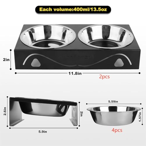 2 Pack All-Metal Cat Food Bowl Raised, 5.5" Wide Tilted Whisker-Fatigue Pet Dish, Anti-Vomiting, 4 Stainless Steel Bowls for Food Water, Non-Slip Elevated Cat Feeding Stand for Indoor Multi Cats,Puppy - color: Black-2
