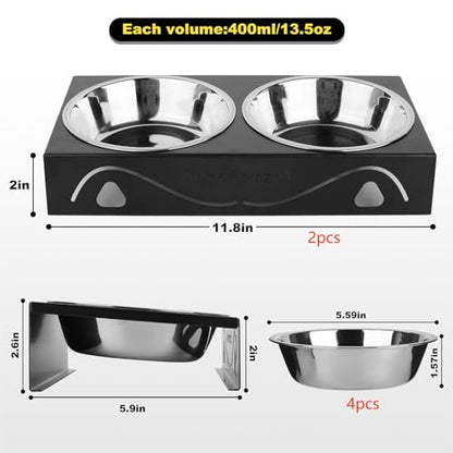 2 Pack All-Metal Cat Food Bowl Raised, 5.5" Wide Tilted Whisker-Fatigue Pet Dish, Anti-Vomiting, 4 Stainless Steel Bowls for Food Water, Non-Slip Elevated Cat Feeding Stand for Indoor Multi Cats,Puppy - color: Black-2
