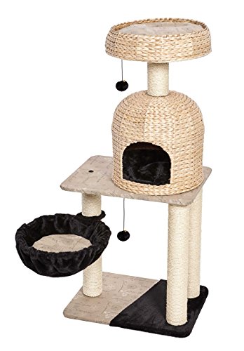 MidWest Homes for Pets Cat Tree | Reid Cat Furniture, 3-Tier Cat Activity Tree w/Sisal Wrapped Support Scratching Posts & Dangle Play Balls, Woven Rattan & Script Medium Cat Tree - size: Reid Woven Rattan/Script