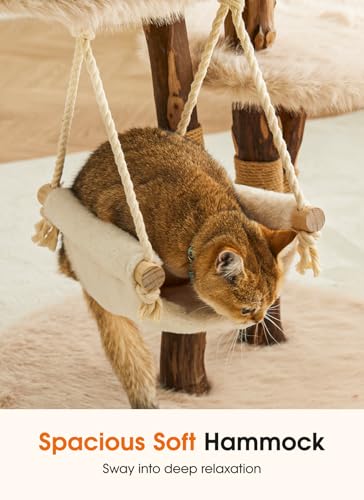 Letkind Modern Cat Tree Tower for Large Indoor Cats, Perches-Natural Solid Wood Cat Tower with Sisal Scratching Post, Perches, Hammock & PlayBalls, Aesthetic Boho Cat Furniture - size: 46" Wood Cat tree
