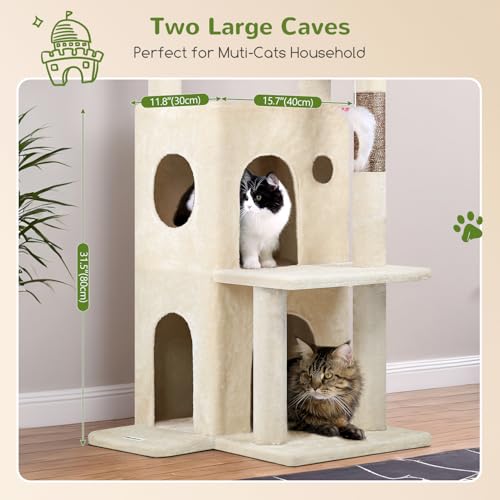 Globlazer Cat Tree Tower for Indoor Cats, 50-inch Adult Cat Tree House for Large Adult Cats with Steps, Scratching Post, 2 Cat Caves, Dangling Toys, FC50, Beige - color: Beige
