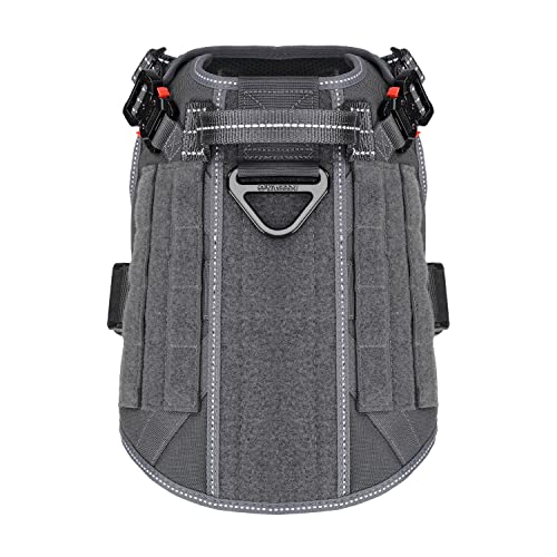 ICEFANG Tactical Dog Harness, Medium Size,2X Metal Buckle,Working Dog MOLLE Vest with Handle,No Pulling Front Leash Clip,Hook and Loop Panel (Grey,M (Pack of 1)) - color: Grey, size: Medium (Pack of 1)