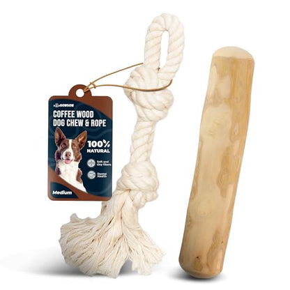 Coffee Wood Chew and Cotton Rope Toy for Dogs - 100% Natural, Organic Wood Stick for Chewers Teeth Cleaning, Training - Size M - size: Medium