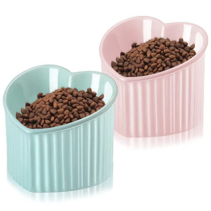Mumufy 2 Pcs Ceramic Elevated Cat Bowls Tilted Elevated Raised Pet Bowls Anti Vomit Cat Dish for Indoor Stress Free Water Dish Feeder for Puppies, Heart Shaped(Macaron Blue, Pink) - color: Macaron Blue, Pink