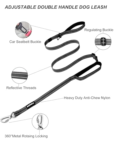 AUBELL Double Handle Tactical Dog Leash Heavy Duty for Small and Medium Large Dogs,Reflective Adjustable Nylon Leash that Pull with Car Seatbelt for Training,4.5-6FT,Black - color: No bungee-Black(4.5-6FT)