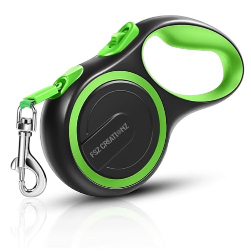 Retractable Dog Leash – 5M Strong Non Chew Nylon Lead with 360° Swivel Hook, One-Touch Lock, Ergonomic Anti-Slip Handle – Green on Black Neon Pet Leash