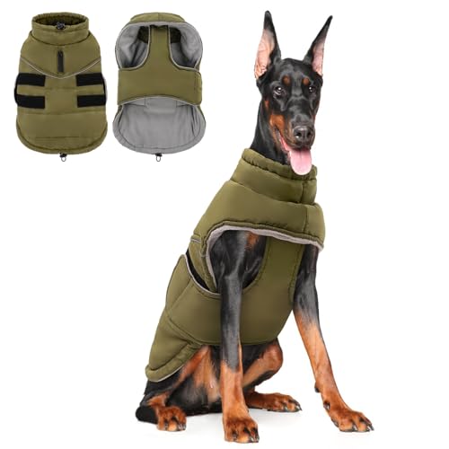Peferhouse Warm Winter Coat for Large Male Dogs, Cold Weather Windproof Reflective Jacket With Harness Hole, Thick Vest ArmyGreen 4XL - color: Green, size: XXXX-Large