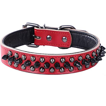 Spiked Studded Dog Collar, Soft Genuine Leather Dog Collar, Adjustable Dog Collars for Small Medium Large Dogs Breeds Pit Bull (S fit Neck 10.5-13", Red1) - color: Red1, size: S fit Neck 10.5-13"