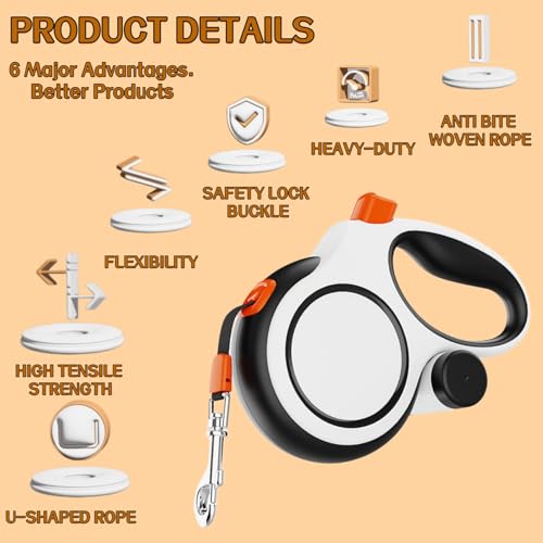 Dual Retractable Dog Leash 2 Large Dogs (Up to 110 Lbs Each), 2 Headed Pet Leash with Poop Bags, 16ft Extension, Non-Slip Grip, One-Button Break & Lock, 360-degree Tangle-Free (White, Large) - color: White, size: Large