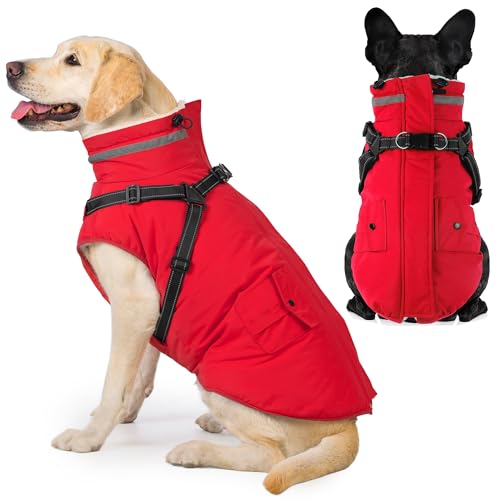 Dog Coat with Harness, Waterproof Warm Dog Winter Jacket with Pockets, Reflective Pet Fleece Jacket Turtleneck Snowsuit for Small Medium Large Dogs - Red, XS - color: Red, size: X-Small(Chest:13.3" Back:9.8" Neck:10.2")