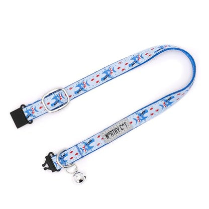 THE WORTHY DOG Sharkuterie Cat Collar with Bell, Adjustable Nylon Safety Collar, Blue, One Size - color: Blue-Sharkuterie