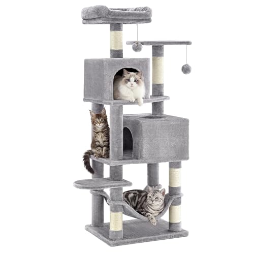 SONGMICS HOME Cat Tree for Indoor Cats, Multi-Level Cat Tower with Sisal Scratching Posts, Hammock and Condo, Light Gray - color: Light Gray, size: 59.6 Inches