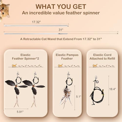 Retractable Cat Wand Toy with Spinning Natural Feather – Interactive Cat Teaser Wand for Indoor Cats, Adjustable Lightweight Cat Toy Wand with Safe Top Clasp - String Version - color: String Version