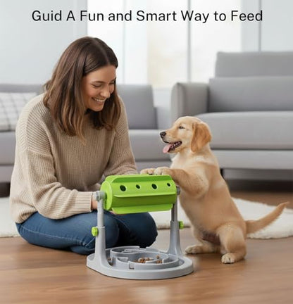 Interactive Dog & Cat Food Puzzle Toy - Treat Boredom Dispensing Slow Feeder - Anxiety IQ Training in Smart Feeding and Adjustable Height for Small/Medium Dogs - color: Green Puzzle Feeder