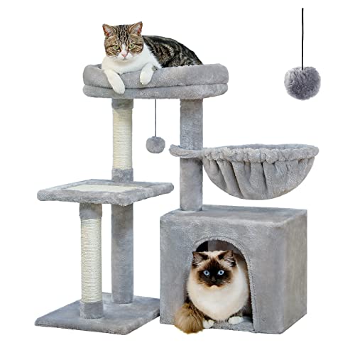 PEQULTI Small Cat Tree, [28.5''] Cat Tower for Indoor Cats, 2 Styles Activity Tree with Cat Scratching Posts, Big Hammock and Removable Top Perch Grey - color: Grey, size: 28''