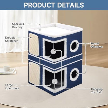 Shikha 2-Storey Cat Houses for Indoor Cats, Dual-Purpose Double Large Cat Beds Cave with Hideaway Condos, Scratch Pads, Fluffy Balls, Foldable Indoor Cat Cube House for Multi Small Pets Kitten, Blue - style: Blue