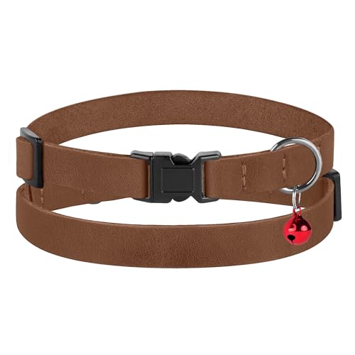 Breakaway Cat Collar Leather with Removable Bell - 13 Colors Available - Soft Adjustable Girl Boy Safety Lightweight Pet Kitten Collars Pink Brown Blue Green Red Orange Black (Cognac) - color: Cognac