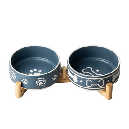 Dafuceramic Dog Bowls Set with Stand, 1.5 Cups Ceramic Puppy Bowls for Dogs, Dual Dog Food and Water Bowls with Bone Pattern,Weighted Non-Slip Base (S-1.5 Cups)