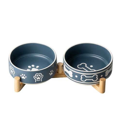 Dafuceramic Dog Bowls Set with Stand, 1.5 Cups Ceramic Puppy Bowls for Dogs, Dual Dog Food and Water Bowls with Bone Pattern,Weighted Non-Slip Base (S-1.5 Cups)